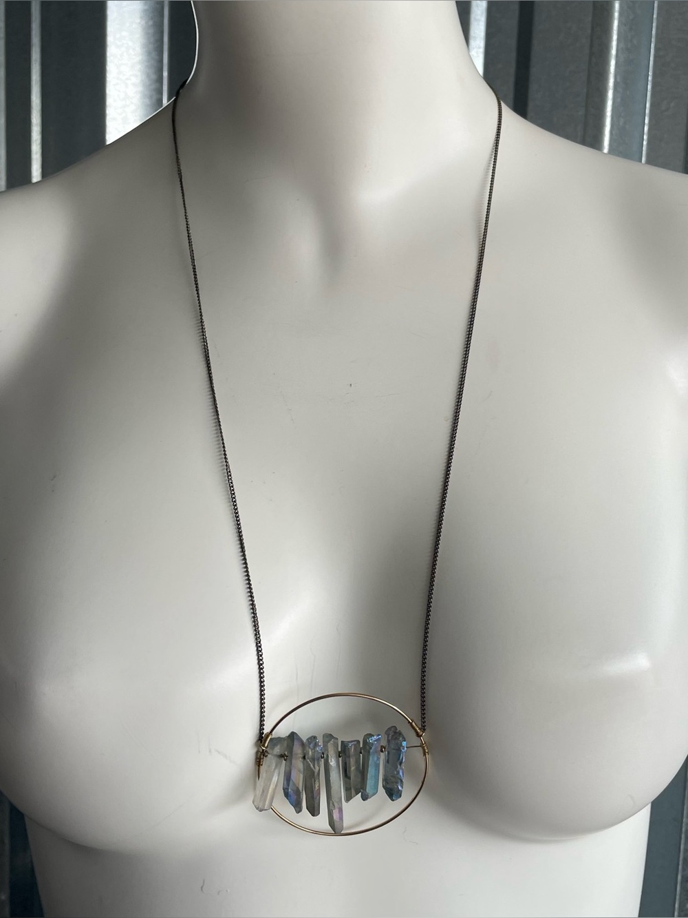 Crystal Point Pendant Necklace Quartz Silver Tone Statement